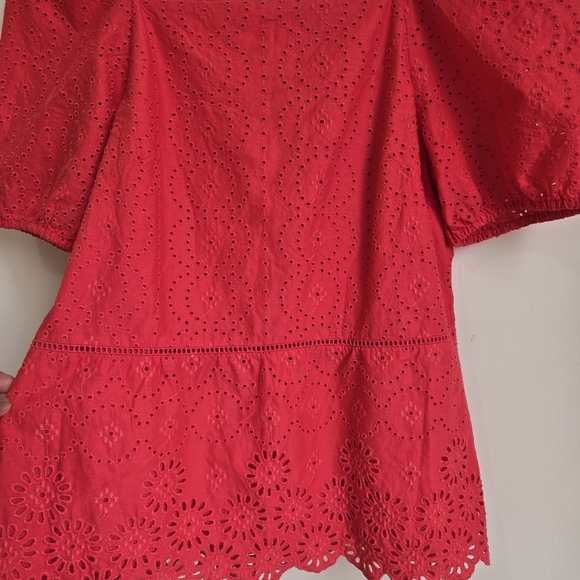 Anne Taylor Red Eyelet Puff Sleeve Top - Picture 5 of 13